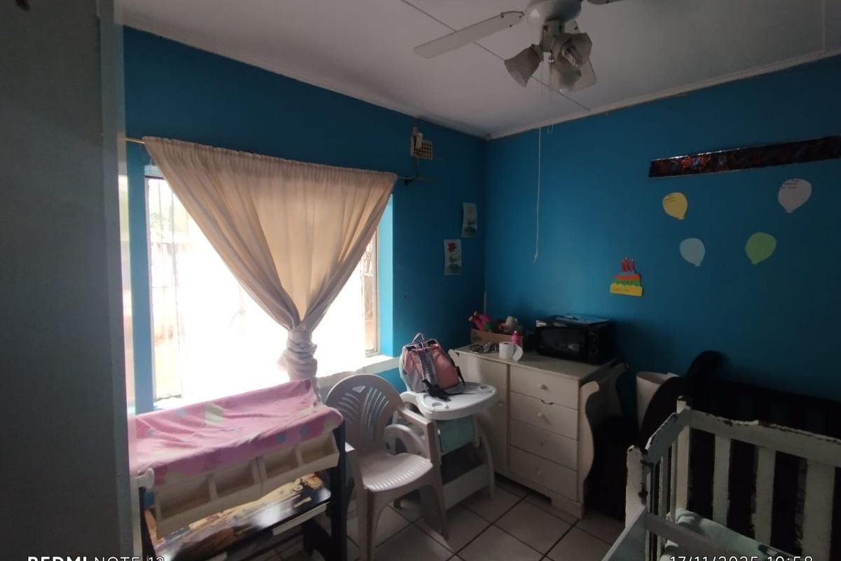 A bedroom featuring blue walls, tiled flooring, and a ceiling fan, providing a functional space with natural light from the window.