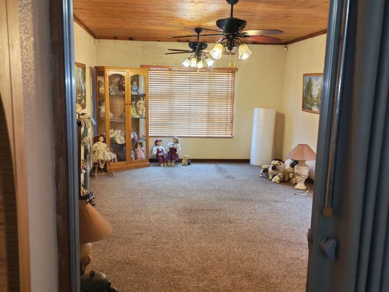 A spacious living room featuring a timber-clad ceiling, dual ceiling fans, and carpeted flooring, viewed from an adjacent doorway.
