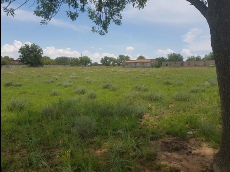 A view of a vacant residential plot featuring natural grass, mature trees, and surrounding neighborhood structures in the distance.