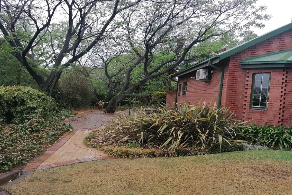 A view of the rear exterior of the brick house, featuring a paved walkway, established garden, and mature trees.