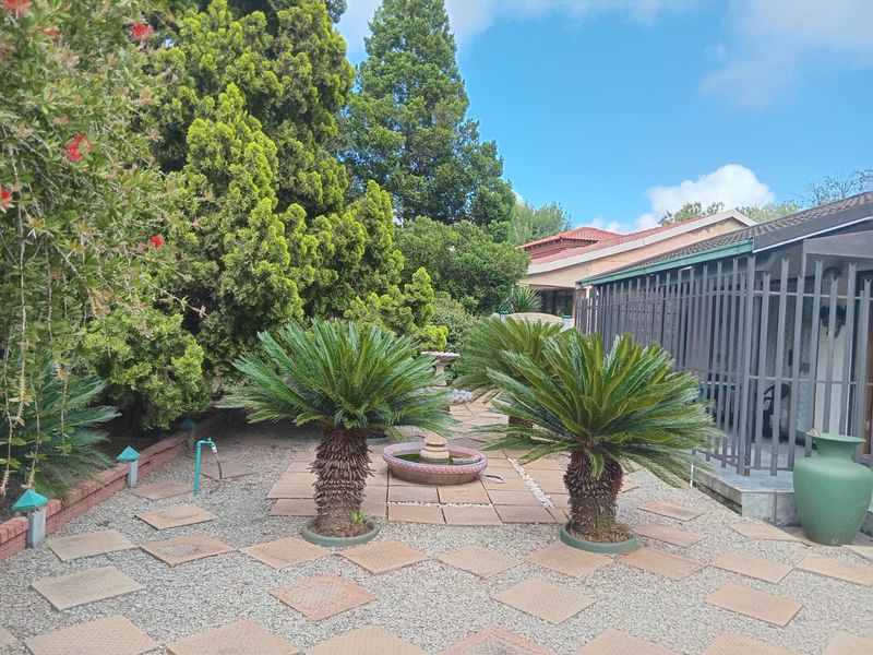 A landscaped garden area featuring a central water fountain, paved pathways, gravel beds, and established cycad plants, enclosed by metal security fencing.