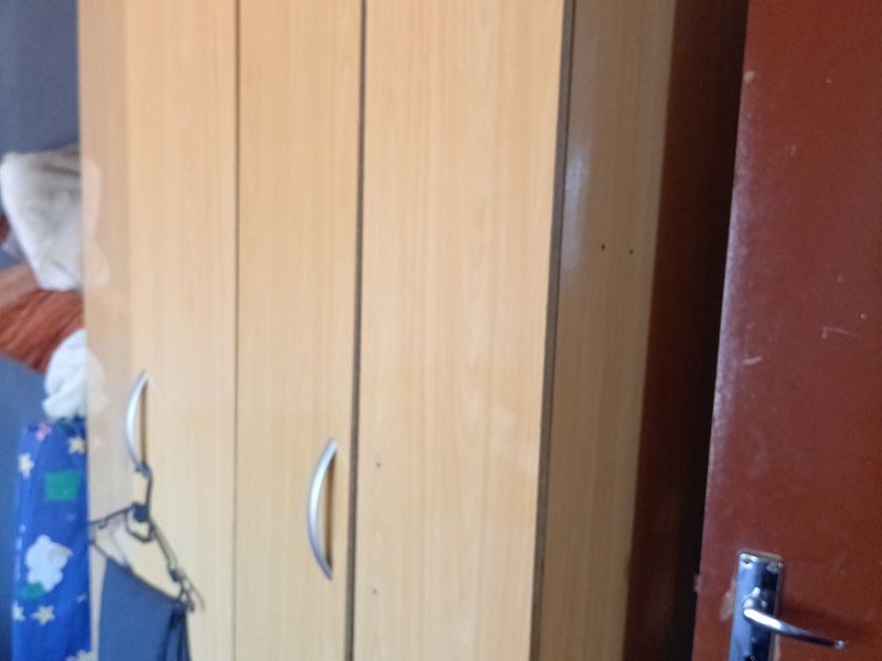 A bedroom featuring a light wood-finish built-in wardrobe and a standard internal door.