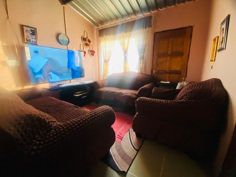 A compact living room featuring a corrugated metal ceiling and a timber panel door, providing a basic residential living space.