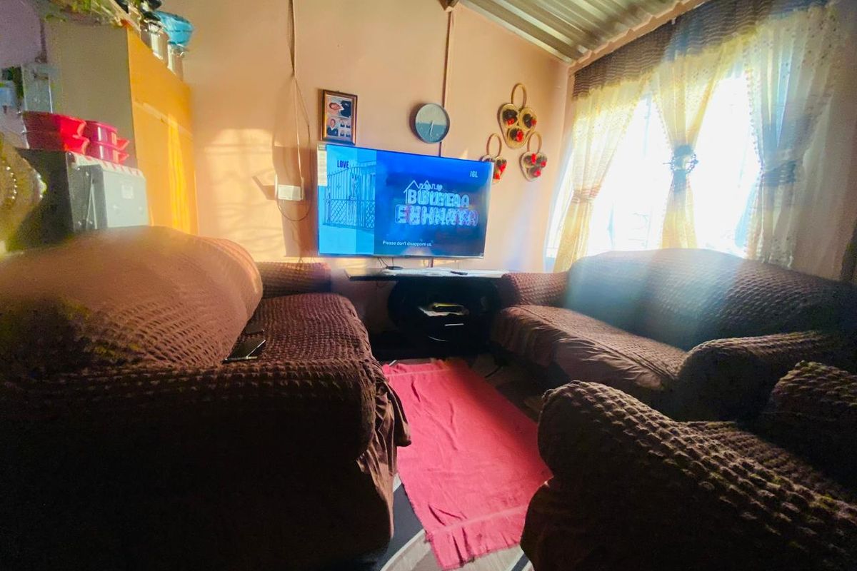 A living room space featuring a corrugated metal ceiling and natural light from the window.