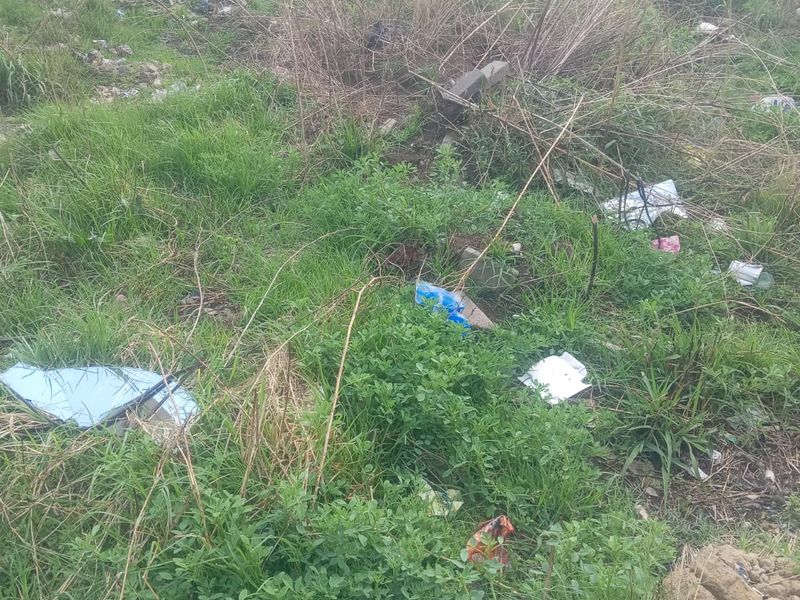A vacant residential plot featuring overgrown grass and debris, enclosed by a precast concrete boundary wall.