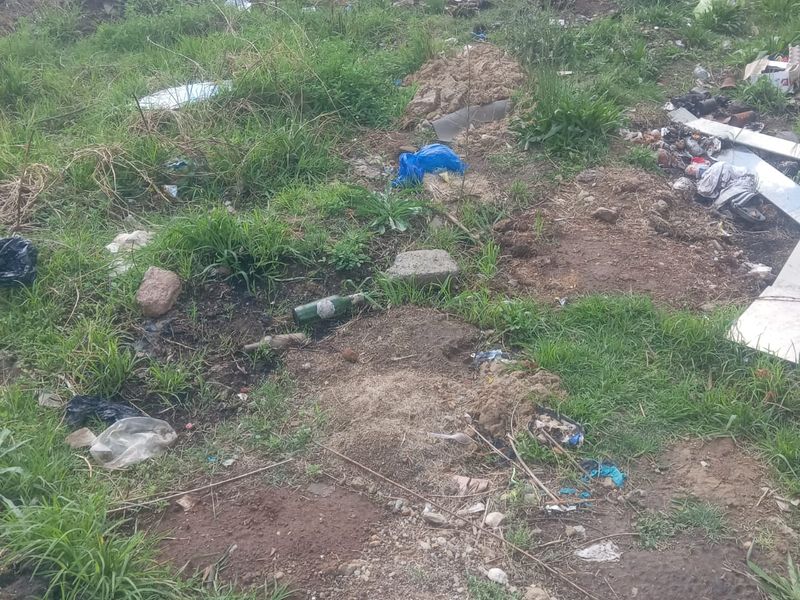 A vacant residential plot featuring overgrown grass and significant debris, enclosed by a perimeter wall.