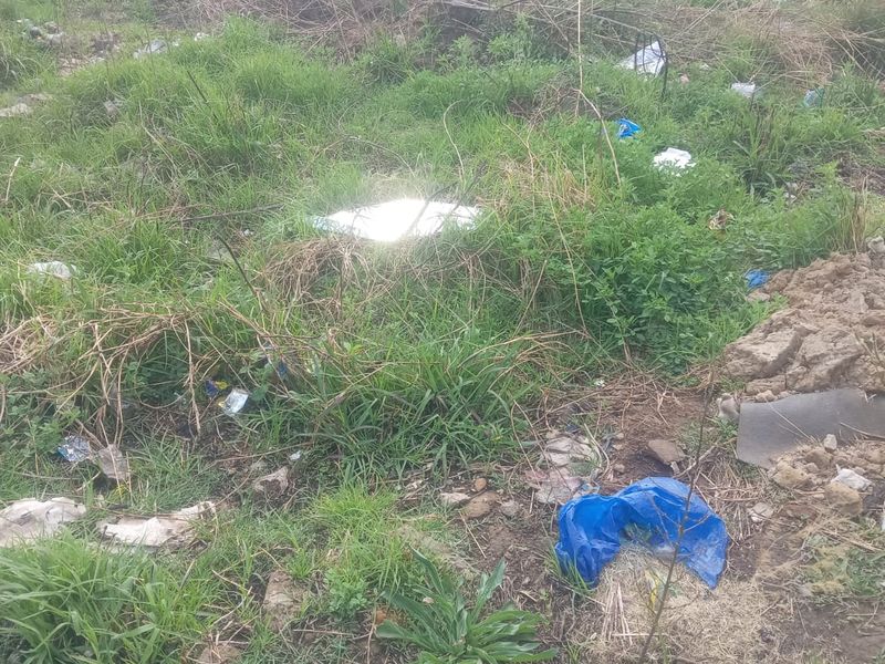 A view of an undeveloped residential plot featuring overgrown grass, weeds, and scattered debris, enclosed by a perimeter wall.