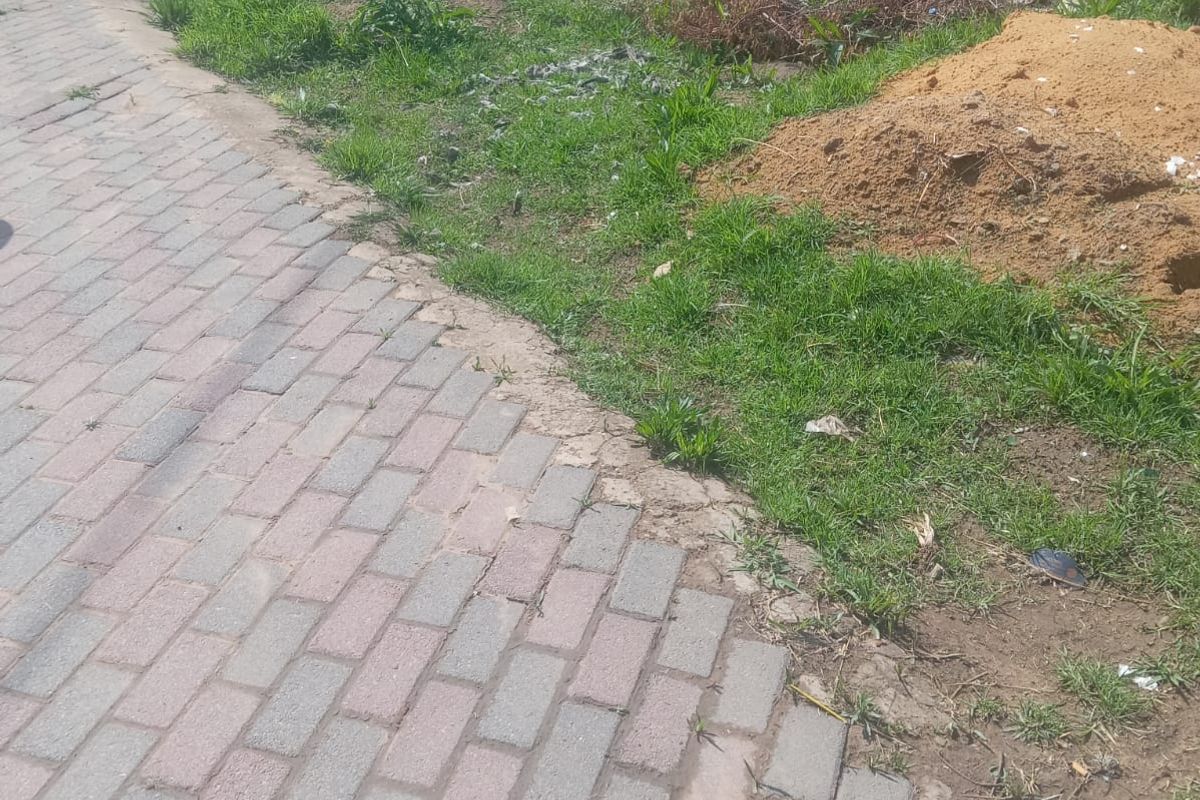 A view of a vacant residential plot featuring a paved walkway, boundary wall, and unmaintained grassy area with some debris.