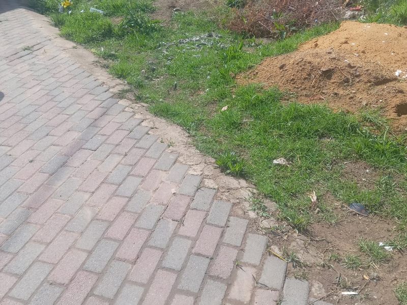 A view of a vacant residential plot featuring a paved walkway, boundary wall, and unmaintained grassy area with some debris.