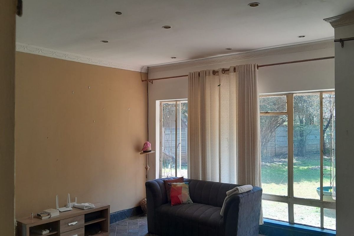 A living room featuring large metal-framed windows, recessed downlights, and decorative ceiling cornicing, offering views of the garden.