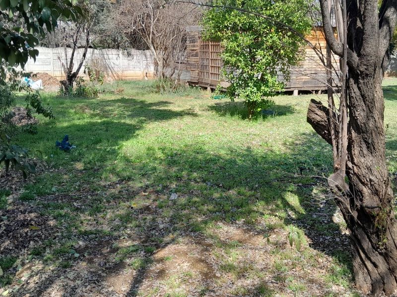 A spacious backyard garden featuring mature trees, a lawn area, and a wooden structure, enclosed by a precast concrete boundary wall.