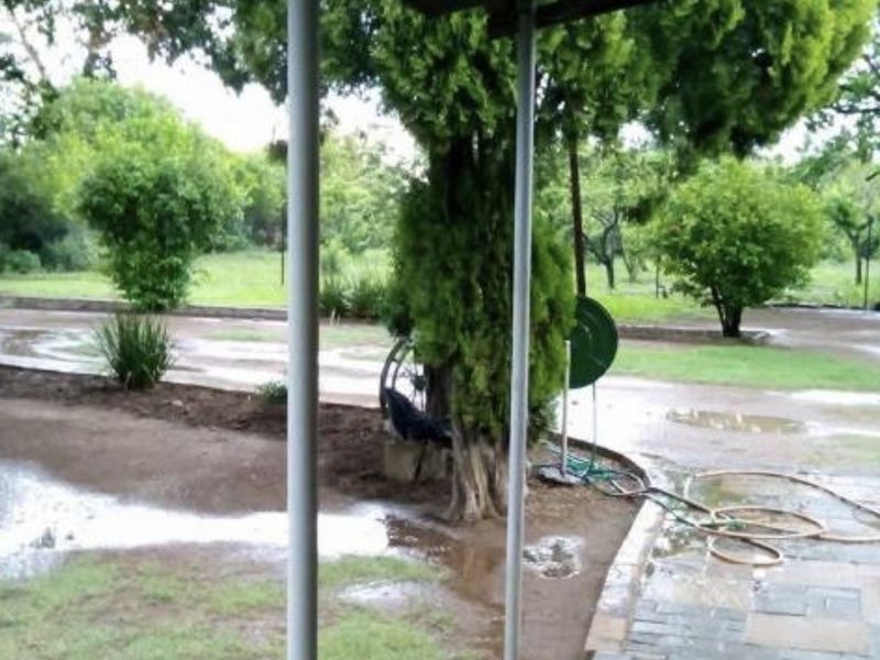 A covered outdoor patio area featuring paved flooring and metal support columns, overlooking a garden space during wet weather conditions.