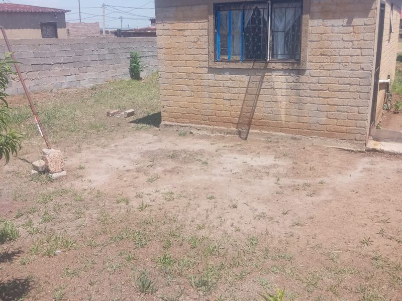 Rear view of a modest brick structure featuring metal-framed windows with security bars, set within a basic yard with a concrete block boundary wall.