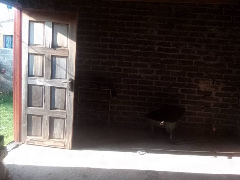 A rustic, unfinished garage space featuring exposed brick walls, timber roof beams, and a concrete floor, accessible via a timber panel door.