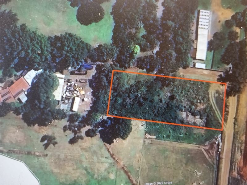 Aerial view of a vacant residential plot featuring dense vegetation and natural terrain.