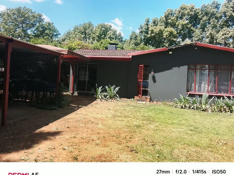 Rear view of the house featuring a covered patio area, tiled roof, and garden space with established trees.