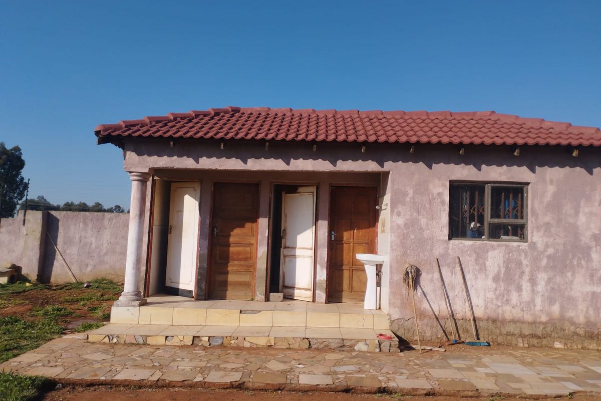 Rear view of a single-story house featuring a tiled roof, stone patio, and exterior pedestal basin, showing signs of weathered exterior finishes.