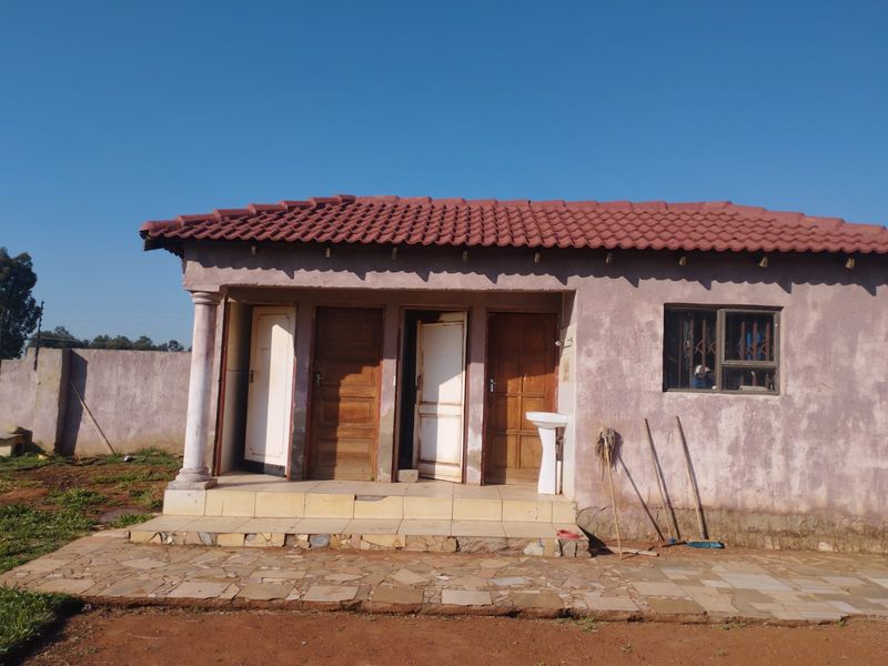 Rear view of a single-story house featuring a tiled roof, stone patio, and exterior pedestal basin, showing signs of weathered exterior finishes.
