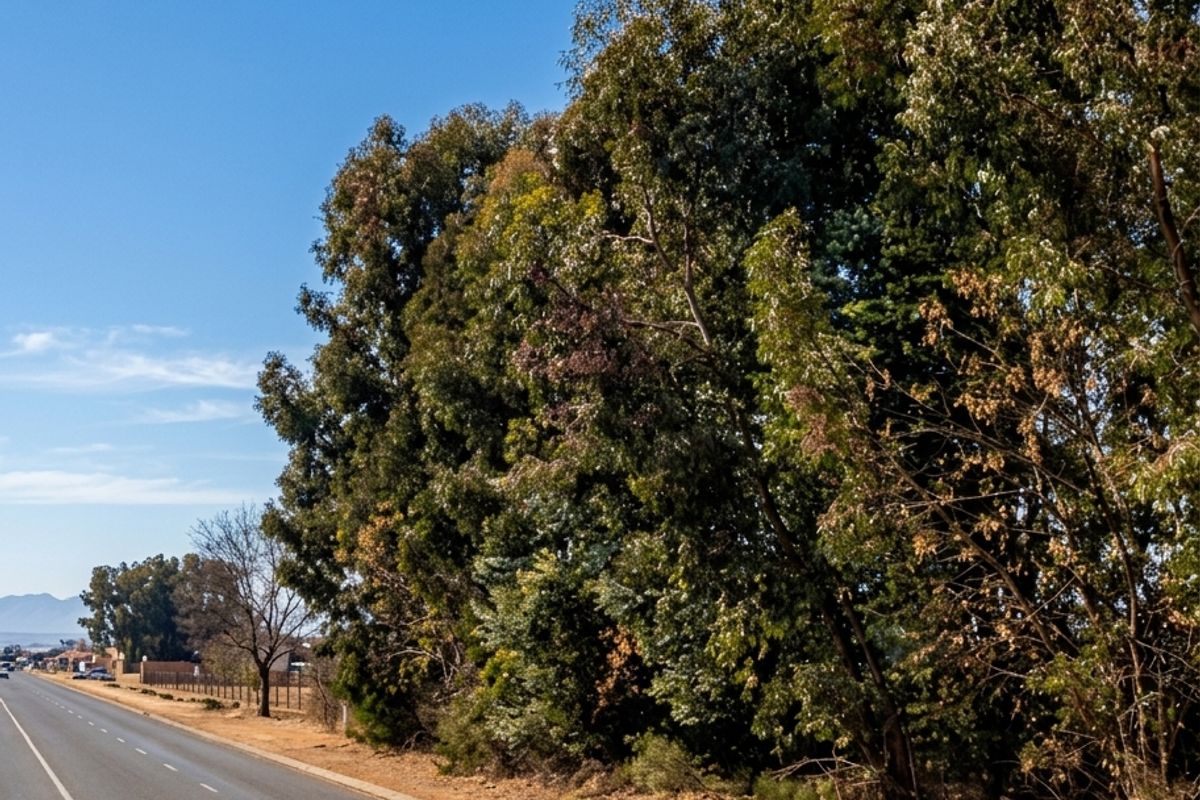A view of the paved road and curb bordering the vacant residential land, featuring mature trees along the property boundary.