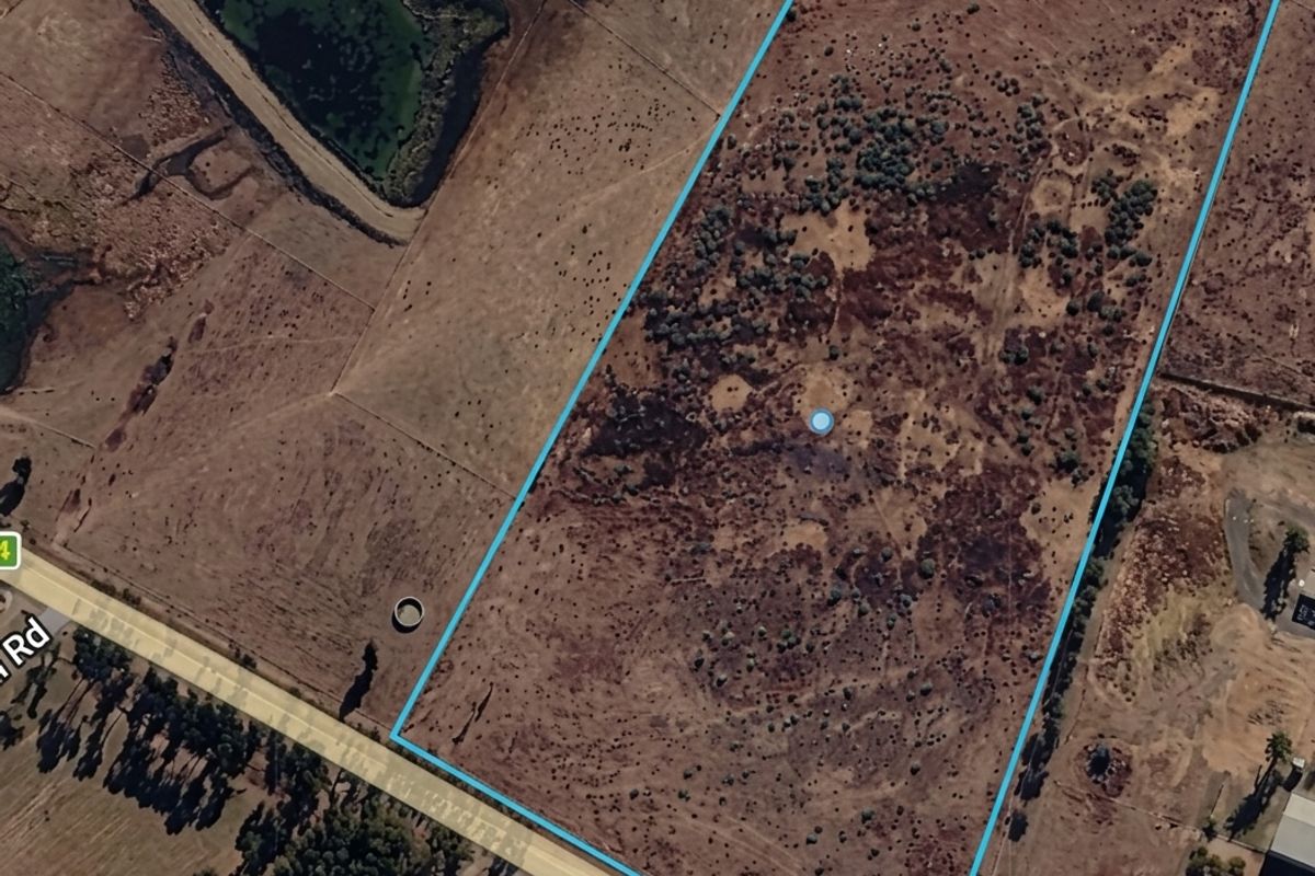 Aerial view of a large, vacant residential plot with natural vegetation and clear boundary lines, situated near a public road.