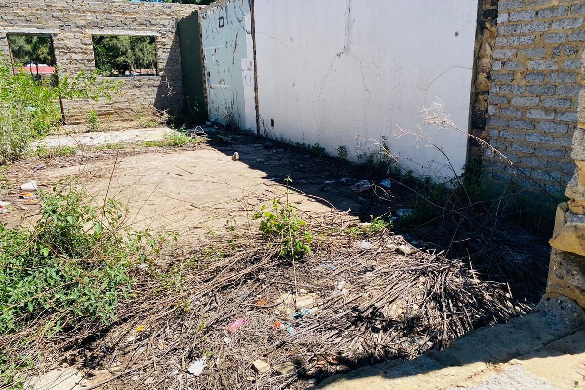 A view of a derelict structure on the property featuring exposed stone masonry walls and a concrete slab foundation in need of significant clearing.