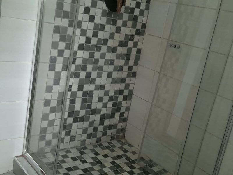 A bathroom featuring a shower enclosure with patterned mosaic tiling and a white toilet cistern, requiring cosmetic updates to the finishes.