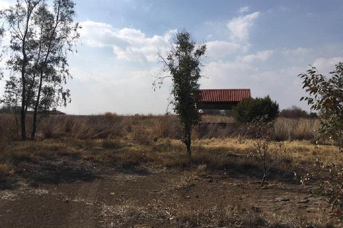 A view of a vacant residential plot featuring dry grass, mature trees, and a small existing structure with a tiled roof in the distance.