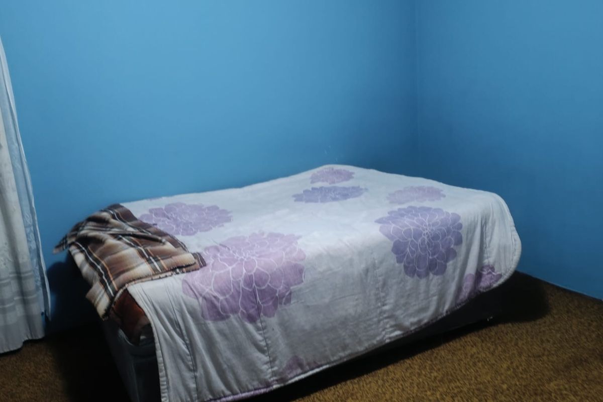 A simple bedroom featuring blue painted walls and brown carpeting, providing a functional space for rest.