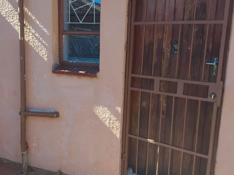 Exterior view of a rear entrance featuring a timber door with a security gate, adjacent window, and paved ground area.