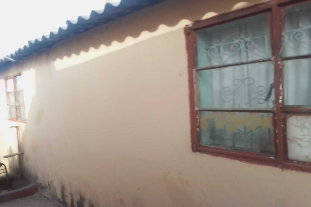 A view of the rear exterior wall showing weathered paint, metal window frames with security bars, and a corrugated roof.