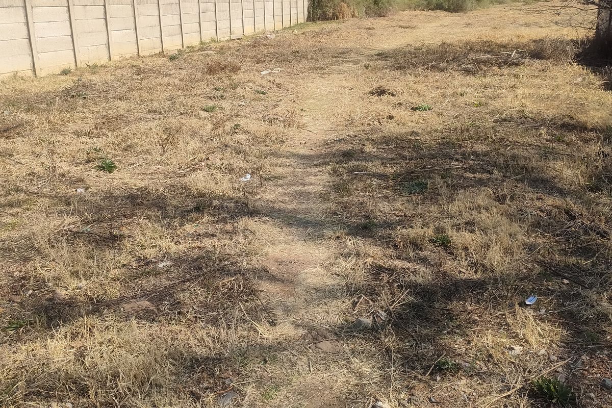 A vacant residential plot featuring dry grass and enclosed by a precast concrete boundary wall.