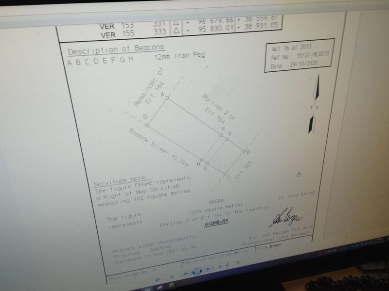 A digital photograph of a surveyor's diagram showing the boundaries and servitude details for Portion 2 of Erf 164 in Highbury.