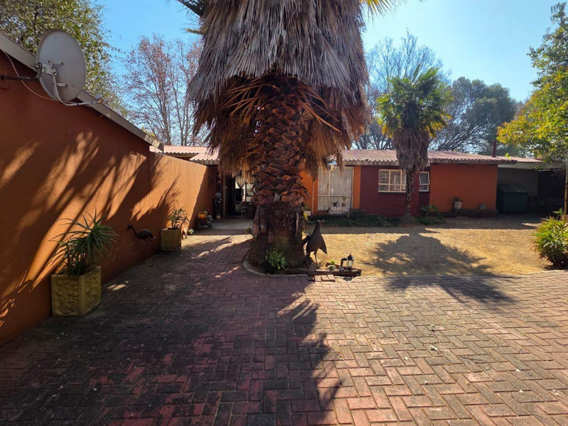 A rear exterior view of the property featuring a paved courtyard area, brick boundary walls, and established palm trees.