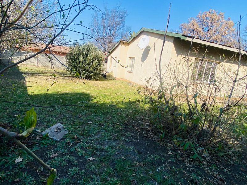 Rear view of the property showing the backyard garden area, exterior wall finishes, and roof structure.