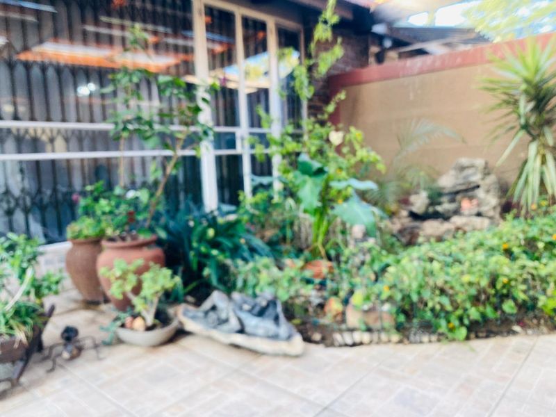 A paved patio area featuring a sliding door with security gate and a small garden bed with a water feature.