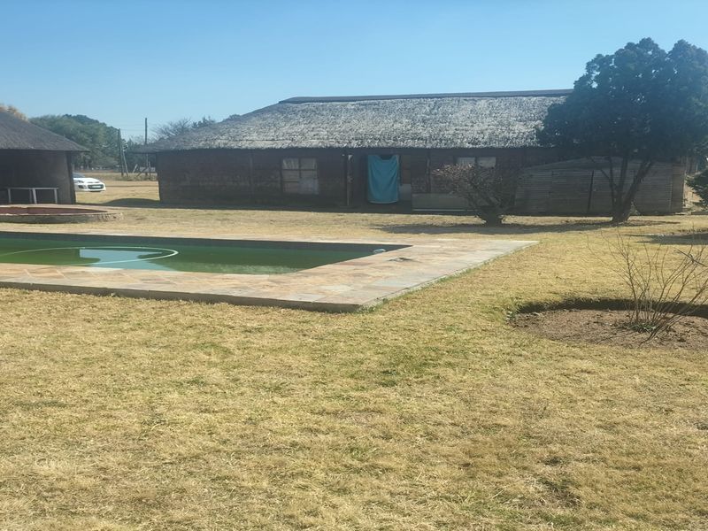 Outdoor pool area featuring a swimming pool with stone surround, adjacent to a thatched-roof building on a large plot.