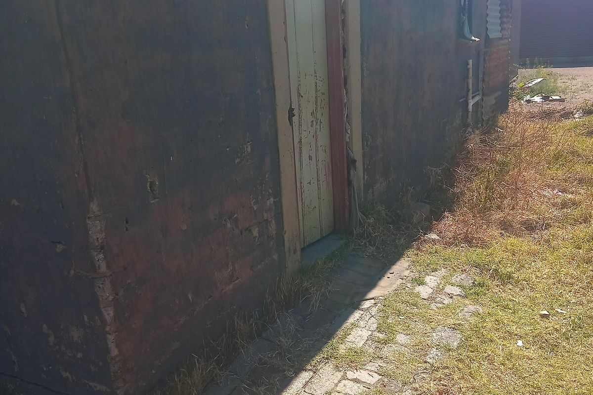 Exterior view of the rear building facade showing significant wear to the wall finishes and door frame, with adjacent brick paving and overgrown grass.