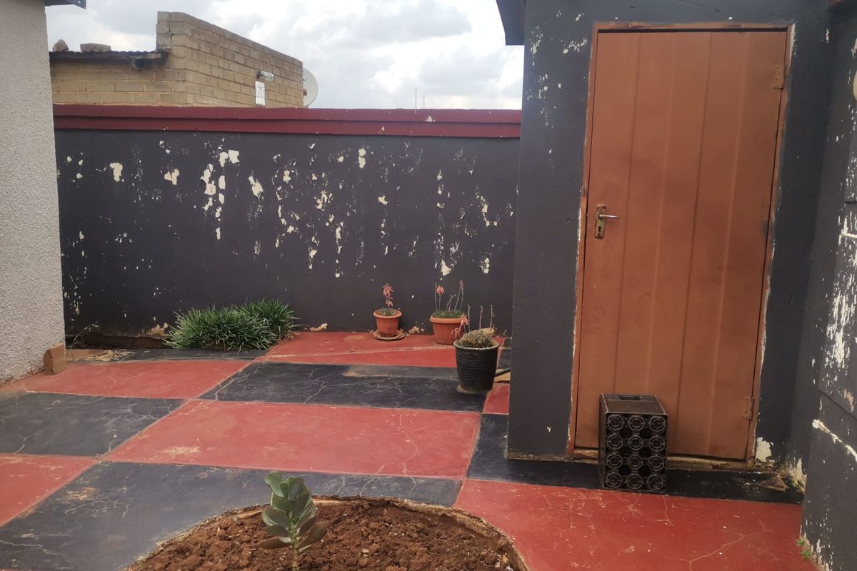 A rear outdoor area featuring a painted concrete patio and a boundary wall requiring maintenance and repainting.