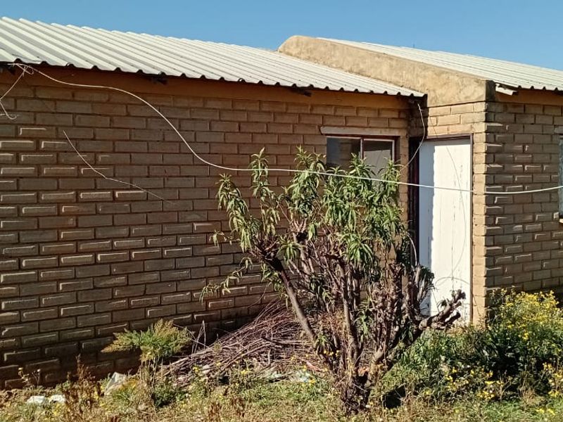 Front view of a single-story detached house featuring exposed brick walls and a corrugated metal roof, situated on an unlandscaped plot.