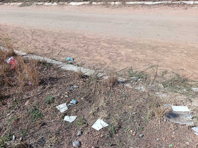 A view of the unpaved road frontage and concrete curb bordering the vacant residential land.