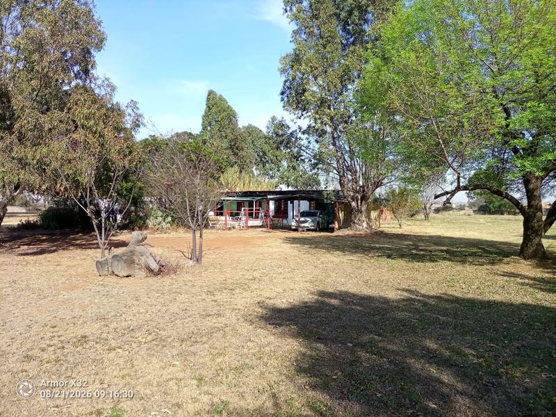 A view of the rear exterior of the farm property featuring a covered patio area surrounded by mature trees and open land.