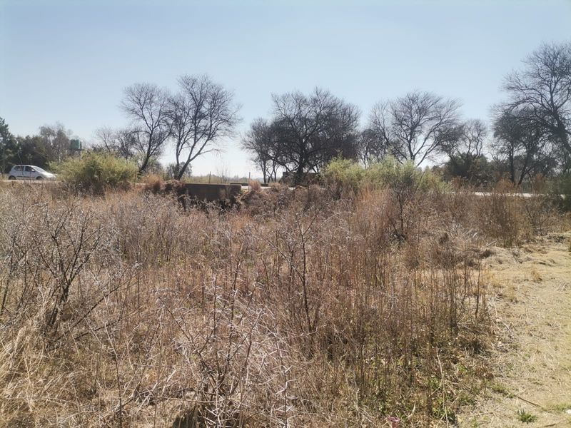 A view of an undeveloped residential plot featuring native dry vegetation and shrubs, with a road visible in the background.