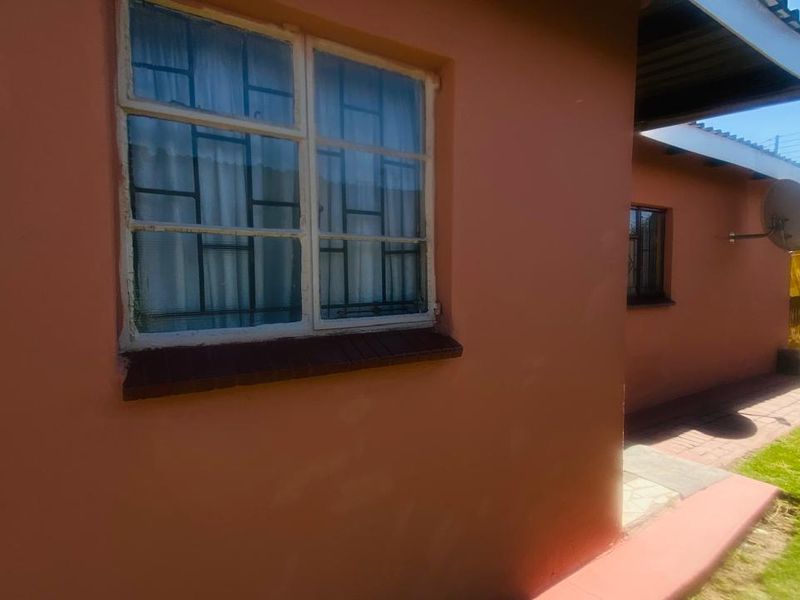 A view of the rear exterior wall featuring steel-framed windows with security bars, a paved walkway, and a corrugated metal roof.