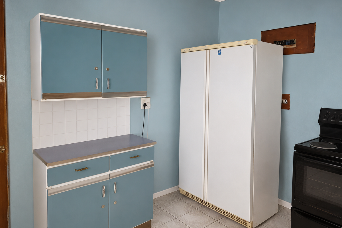 A functional kitchen area featuring retro blue cabinetry, tiled flooring, and a built-in stove, offering a dated aesthetic ready for modernization.