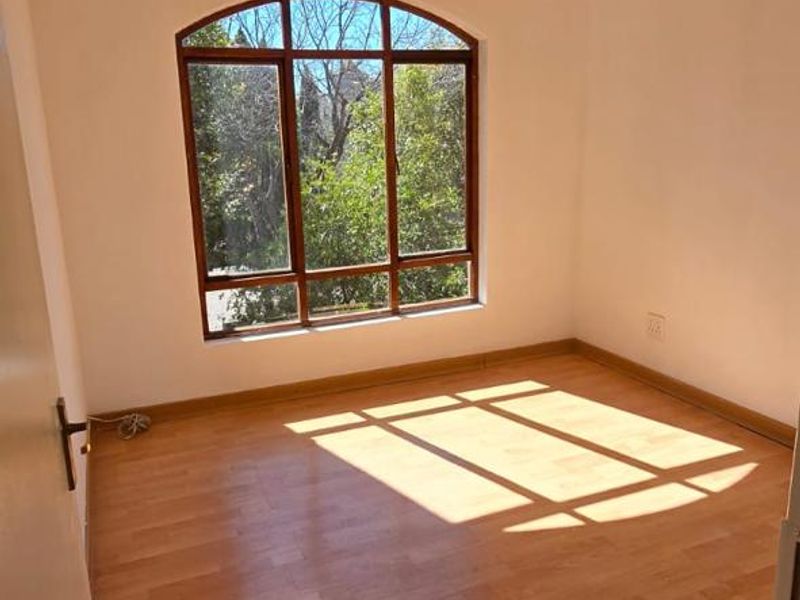 A bright, empty bedroom featuring laminate flooring, a ceiling fan, and a large arched window providing natural light and garden views.