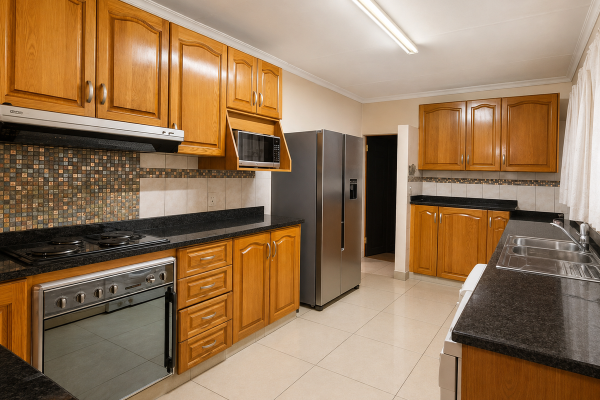 A functional kitchen featuring wooden cabinetry, granite countertops, a mosaic tile backsplash, and integrated appliances including an oven, hob, and microwave.