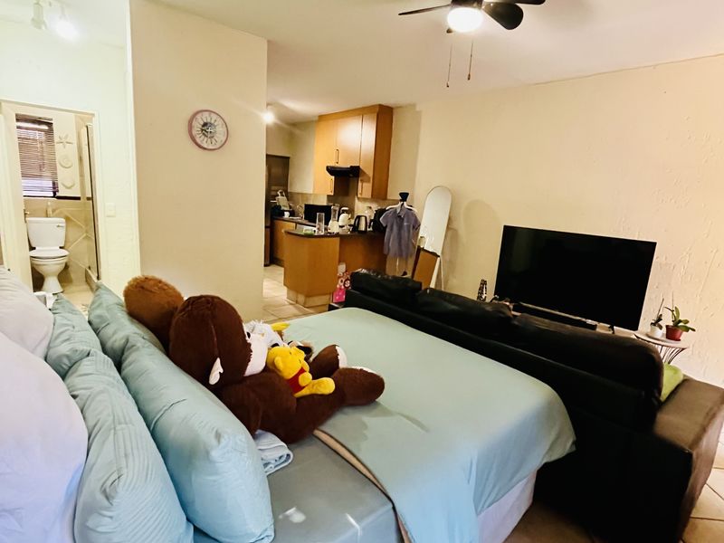 Open plan studio apartment featuring a combined bedroom and living area with an adjacent kitchen and bathroom.