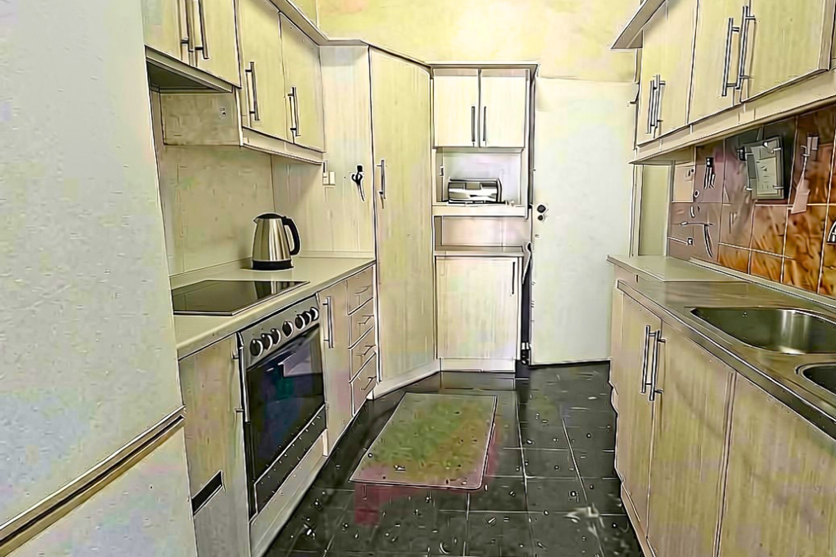 A functional kitchen featuring light-toned cabinetry, integrated oven and hob, dark tiled flooring, and a tiled backsplash with a stainless steel sink.