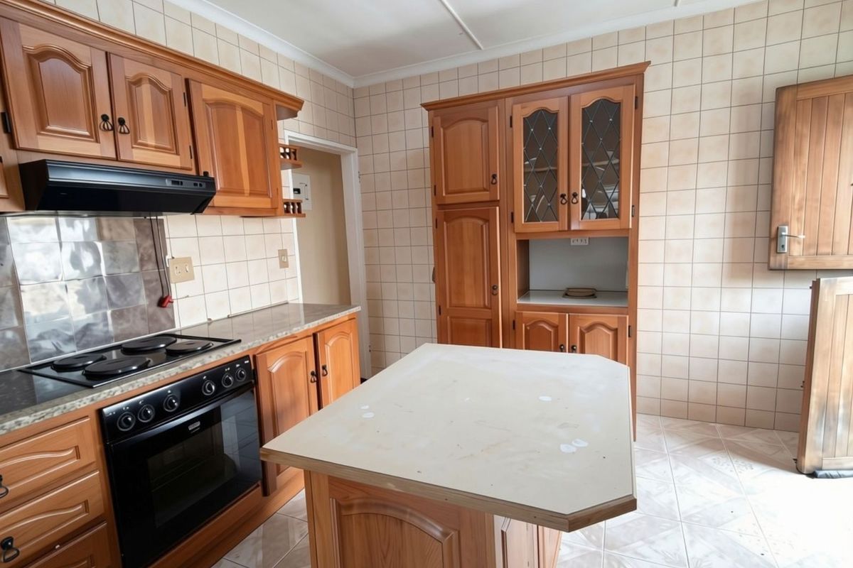 A functional kitchen featuring traditional wooden cabinetry, a built-in electric stove with extractor fan, tiled backsplash, and a central kitchen island.