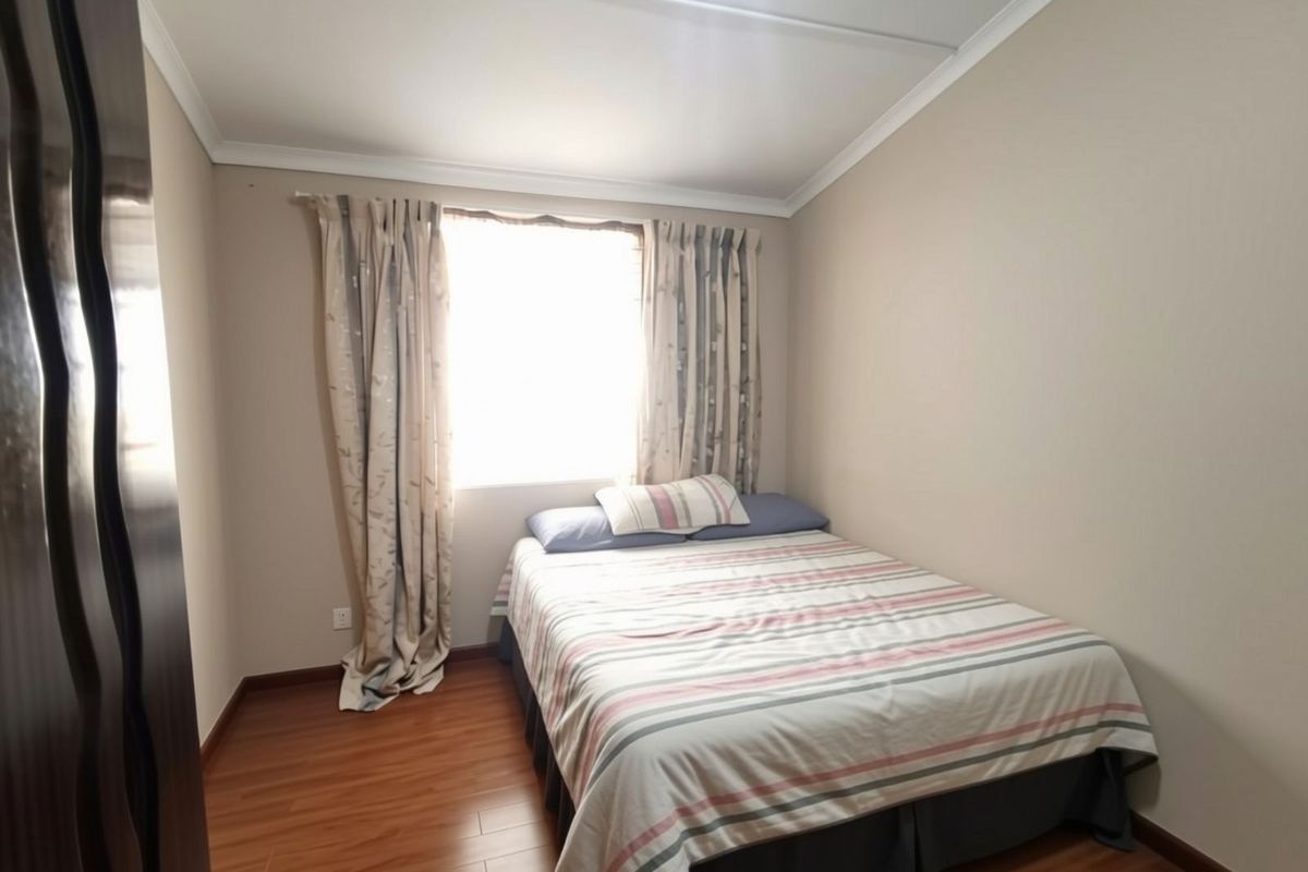 A standard bedroom featuring laminate flooring, neutral wall paint, and a window with curtains.